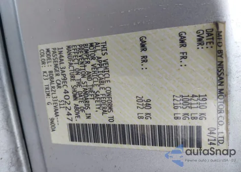 2014 Nissan Altima 2.5/2.5 S/2.5 Sl/2.5 Sv из США, поврежденный, VIN 1N4AL3AP9EC402247